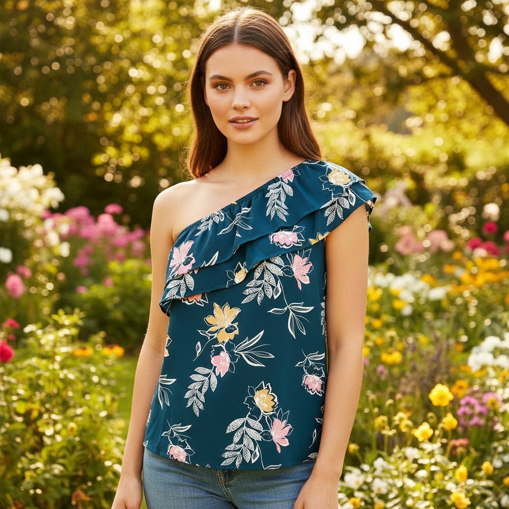 NEW Apt 9 Top‎ L Blue Floral Ruffle One Shoulder Boho Peasant Coquette Tropical